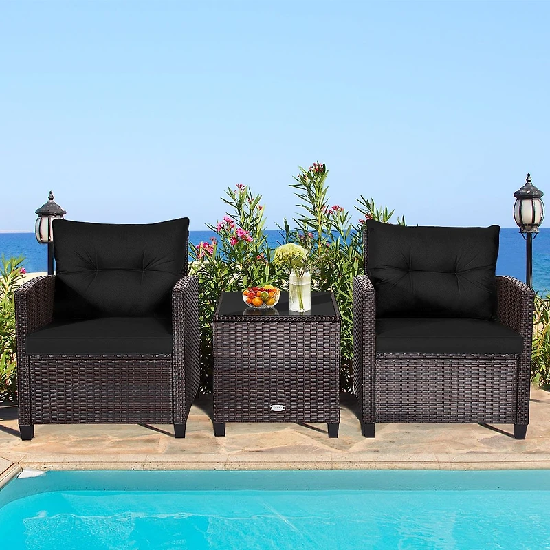 3-Piece Cushioned Rattan Patio Conversation Set, Coffee Table