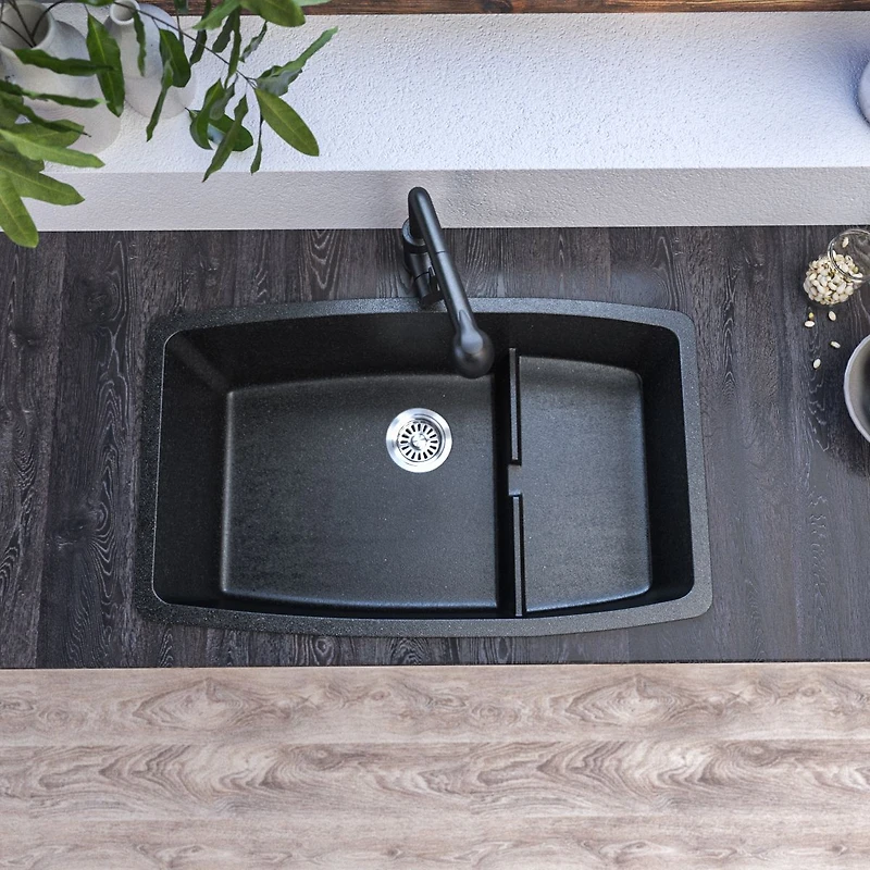 BloomBath Granite Double Bowl Top Mount Kitchen Sink - Black