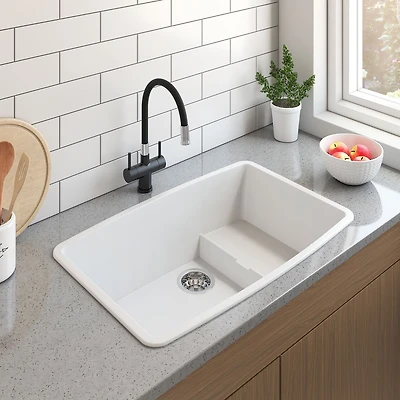 BloomBath Granite Double Bowl Top Mount Kitchen Sink - White