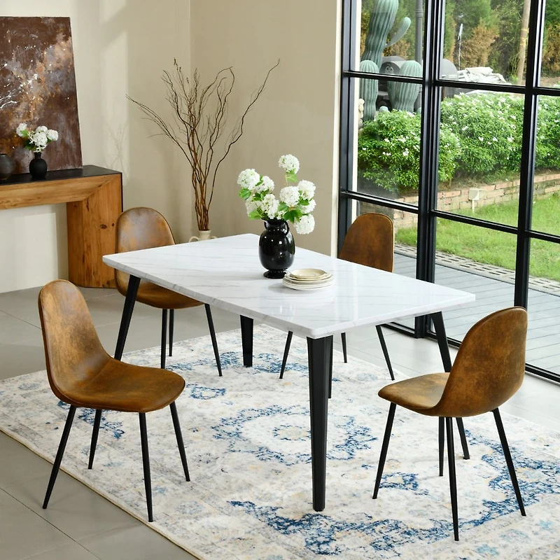 5-Piece Dining Set Including Marble White Dining Table with Suede Brown Dining Chairs by Maison Classique