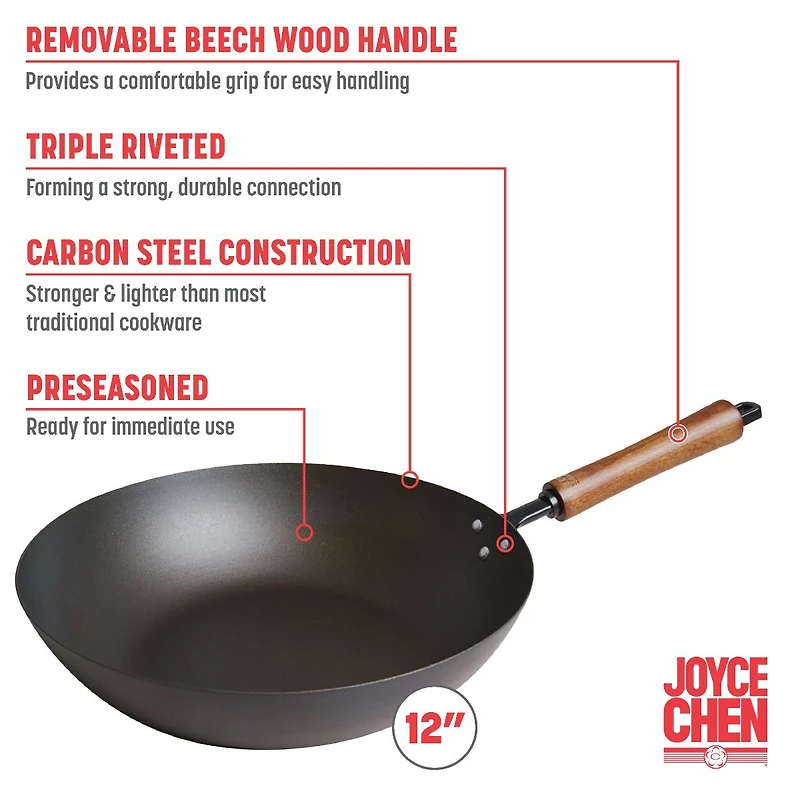 Joyce Chen Classic Series Carbon Steel Preseasoned Stir Fry Pan - 12''