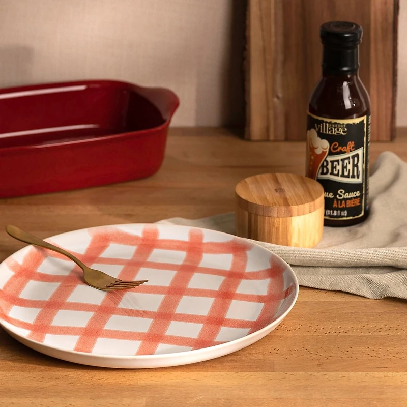 Milo Checkered Stoneware Dinner Plate - Coral