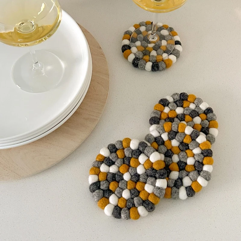 Wool Felt Ball Coasters by Torre & Tagus - Yellow White Grey