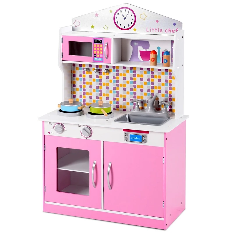 Kids Wooden Pretend Cooking Playset Cookware Play Set Kitchen Toys Toddler Gift - Pink