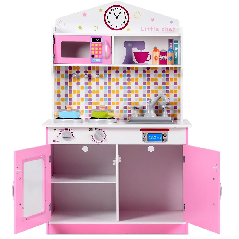 Kids Wooden Pretend Cooking Playset Cookware Play Set Kitchen Toys Toddler Gift - Pink