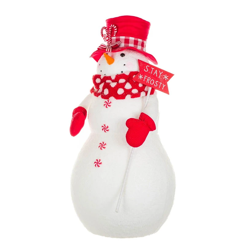 Sparkly White and Red Fabric "Stay Frosty" Snowman Figurine