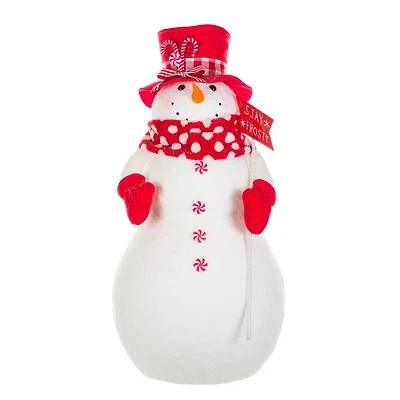 Figurine bonhomme de neige suspendue en tissu blanc et rouge scintillant « Reste givré »