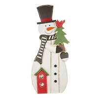 White and Black Wooden Snowman Display with Birdhouse