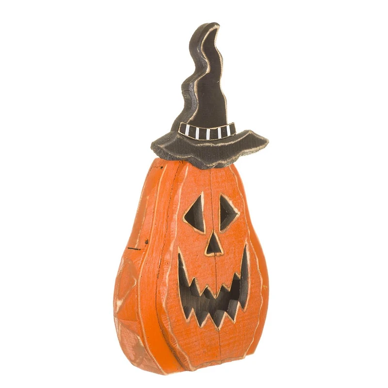 Orange Wooden Jack-O-Lantern Pumpkin Display with Witch Hat