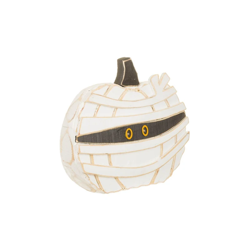 White Wooden Pumpkin Mummy LED Display with Glowing Eyes