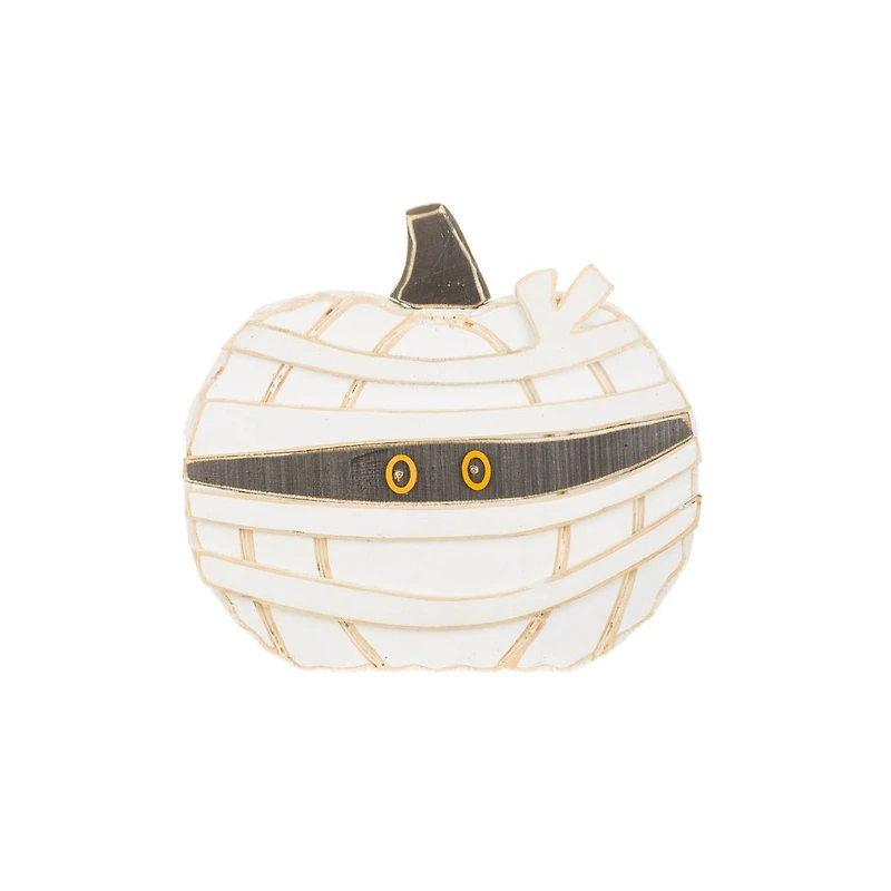 White Wooden Pumpkin Mummy LED Display with Glowing Eyes