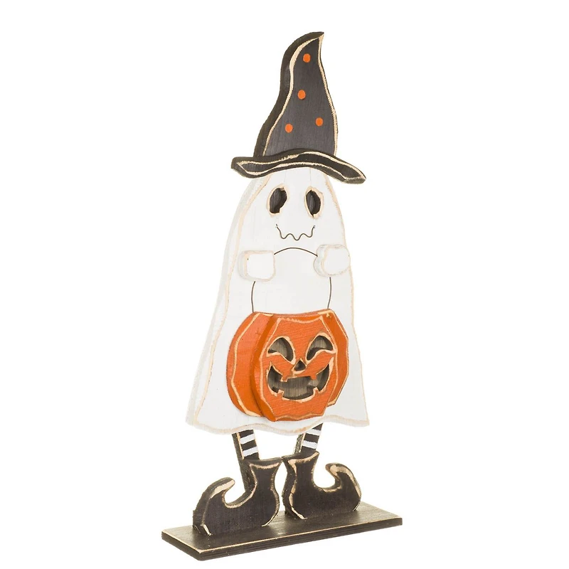 White Wooden Trick-Or-Treating Ghost Display with Witch Hat