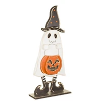 White Wooden Trick-Or-Treating Ghost Display with Witch Hat