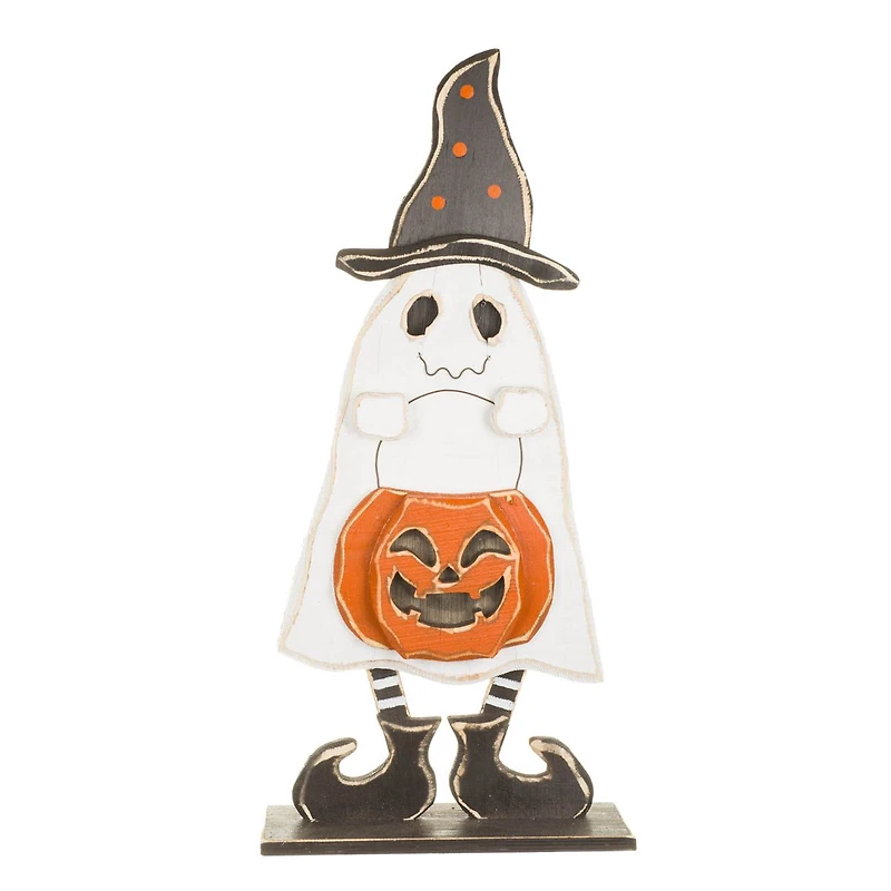 White Wooden Trick-Or-Treating Ghost Display with Witch Hat