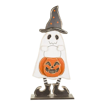 White Wooden Trick-Or-Treating Ghost Display with Witch Hat