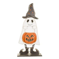 White Wooden Trick-Or-Treating Ghost Display with Witch Hat