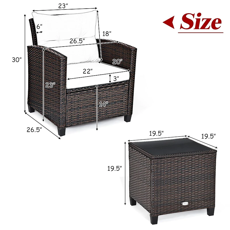 3-Piece Cushioned Rattan Patio Conversation Set, Coffee Table