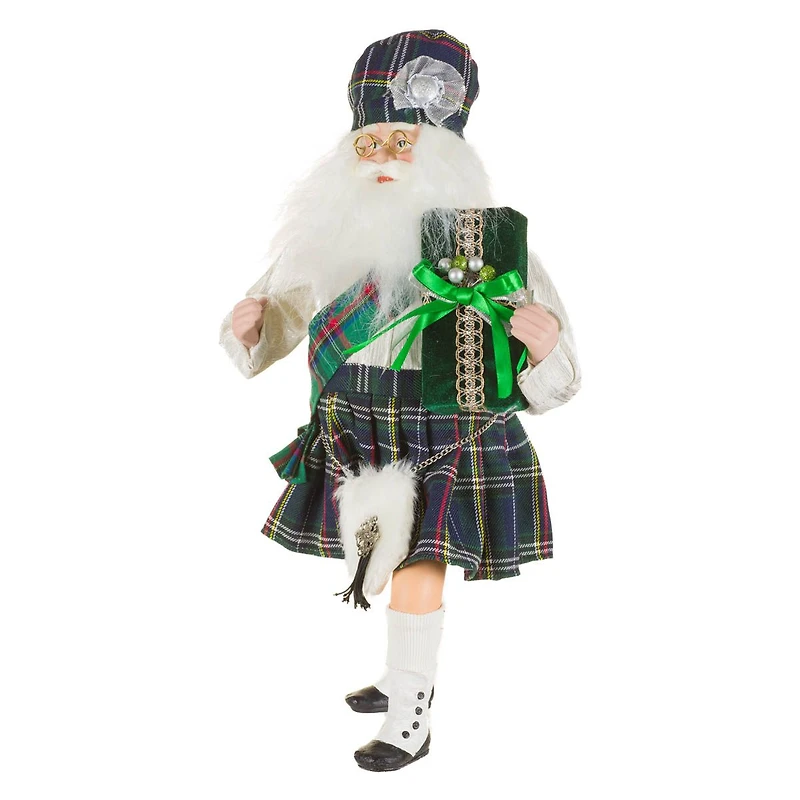 Plaid Green and White Fabric Scottish Santa Figurine Forest Kilt