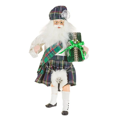 Plaid Green and White Fabric Scottish Santa Figurine Forest Kilt