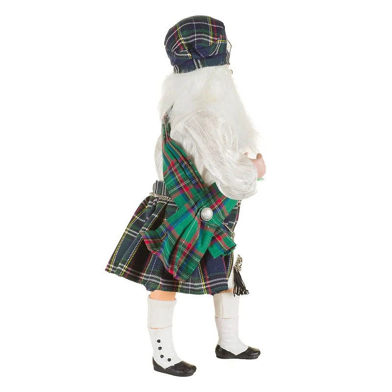 Plaid Green and White Fabric Scottish Santa Figurine Forest Kilt