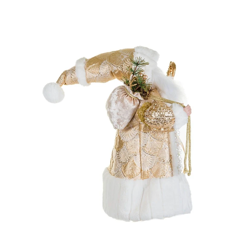 Sequin Gold and Beige Fabric Santa Figurine with Scepter and Sack