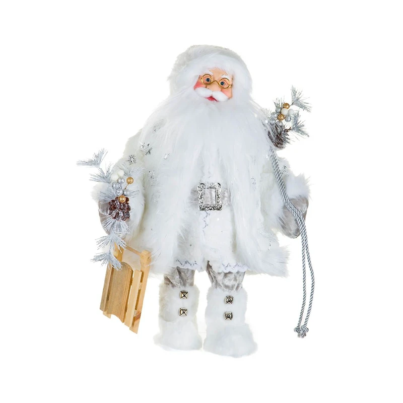 White and Silver Fabric Santa Figurine with Sled
