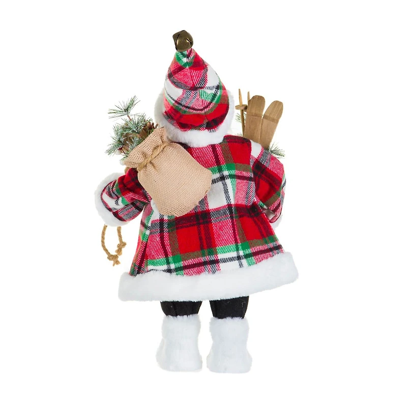 Plaid Red and White Fabric Santa Figurine with Skis