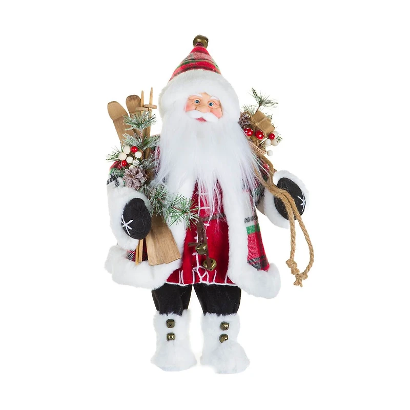Plaid Red and White Fabric Santa Figurine with Skis