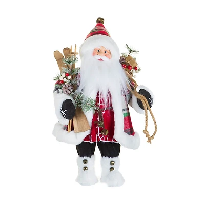 Plaid Red and White Fabric Santa Figurine with Skis