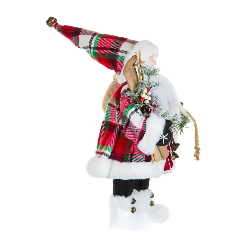 Plaid Red and White Fabric Santa Figurine with Skis
