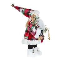 Plaid Red and White Fabric Santa Figurine with Skis