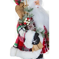 Plaid Red and White Fabric Santa Figurine with Skis