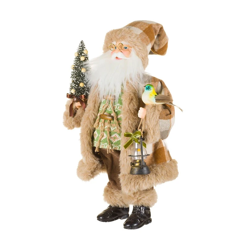 Gingham Brown and White Fabric Nature Loving Santa Figurine Bird