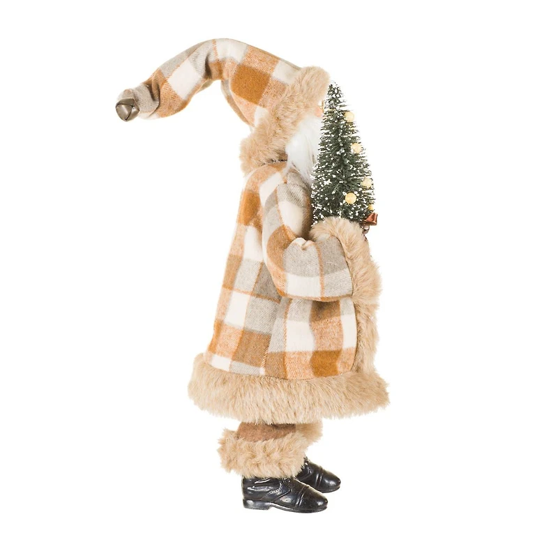 Gingham Brown and White Fabric Nature Loving Santa Figurine Bird