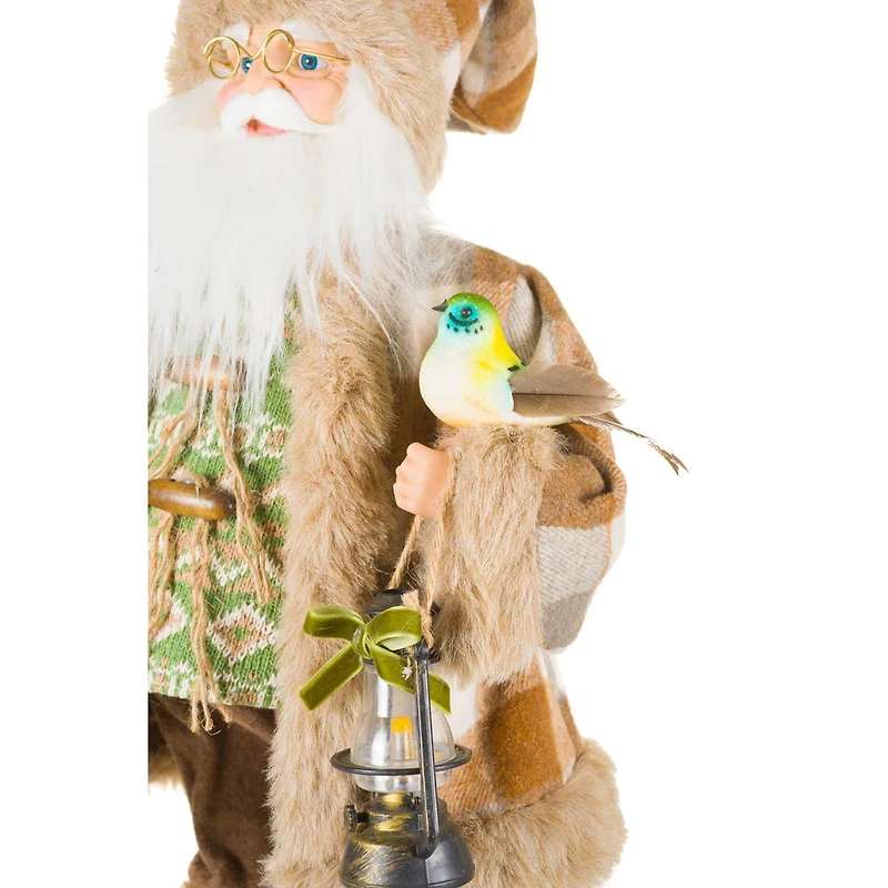 Gingham Brown and White Fabric Nature Loving Santa Figurine Bird