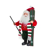 Figurine Père Noël skieur suspendue en tissu rouge et vert avec écharpe rayée