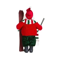 Red and Green Fabric Skiing Santa Figurine with Striped Scarf
