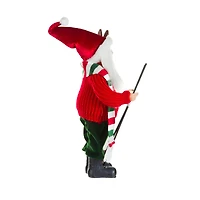 Red and Green Fabric Skiing Santa Figurine with Striped Scarf
