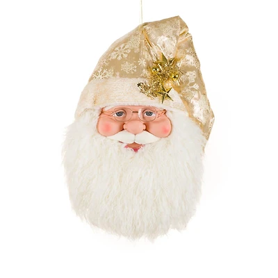 Décoration suspendue tête de Père Noël en tissu ivoire et or