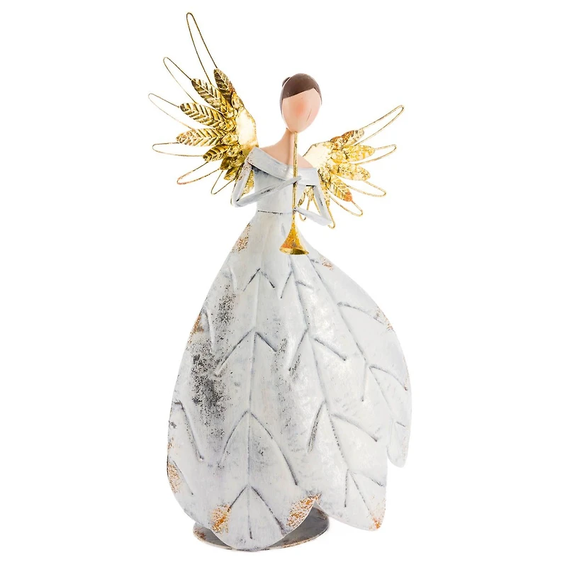 White and Gold Metal Angel Display with Trumpet