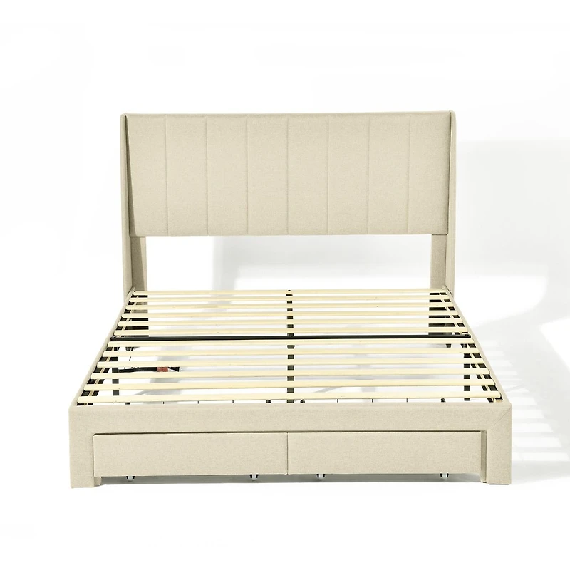 Cadre de lit Summit beige grand rembourré avec tiroirs de rangement et ports USB