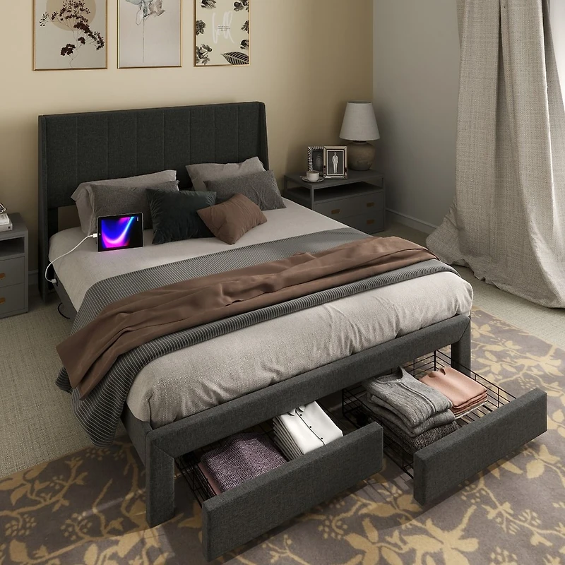 Upholstered Grey Summit Queen Bed Frame with Storage Drawers and USB Ports