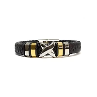Luenzo Black Genuine Leather Bracelet with Stainless Steel X Accent