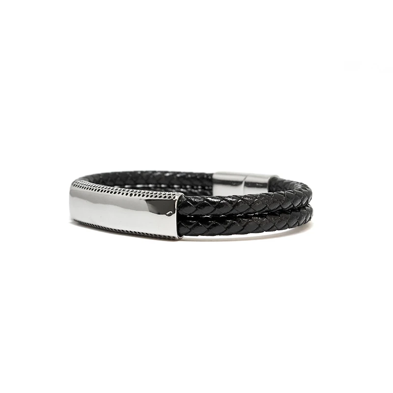 Luenzo Black Genuine Leather Bracelet with Stainless Steel ID Accent
