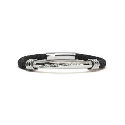 Luenzo Black Genuine Leather Bracelet with Stainless Steel and Cubic Zirconia Accent