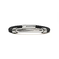 Luenzo Black Genuine Leather Bracelet with Stainless Steel and Cubic Zirconia Accent