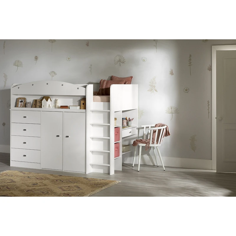 Princess Twin Loft Bed with Desk - Pure White