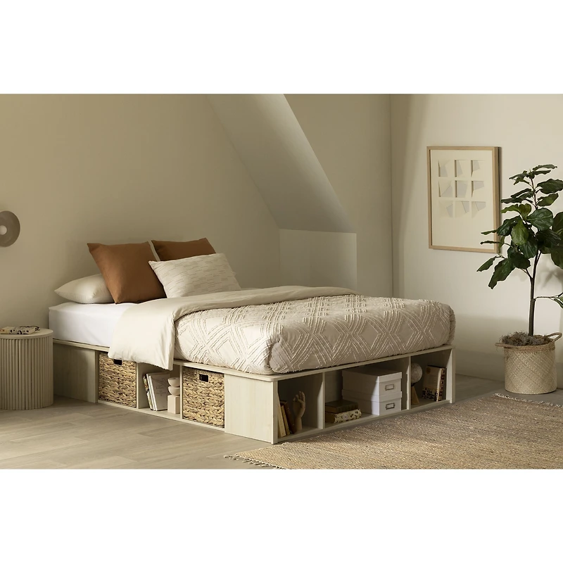 Avilla Storage Platform Bed With Wicker Baskets - Beige
