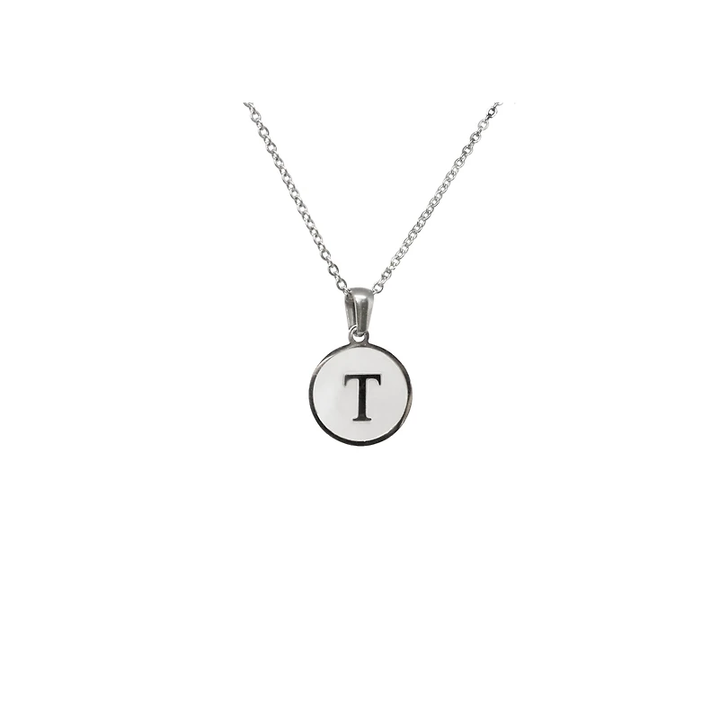 Luenzo Stainless Steel Initial Necklace "T" with Mother of Pearl Inlay