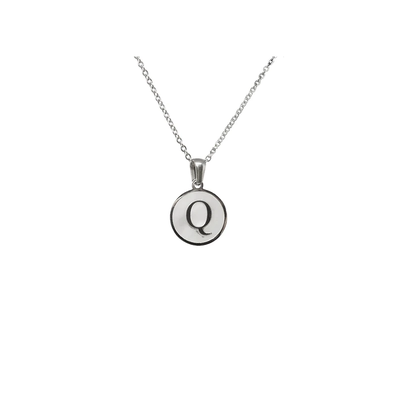 Luenzo Stainless Steel Initial Necklace "Q" with Mother of Pearl Inlay